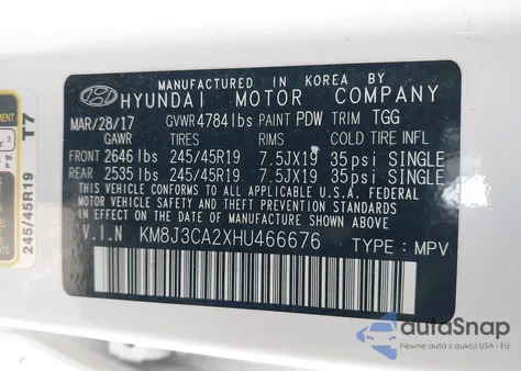 2017 Hyundai Tucson Sport z USA, uszkodzony, nr VIN KM8J3CA2XHU466676